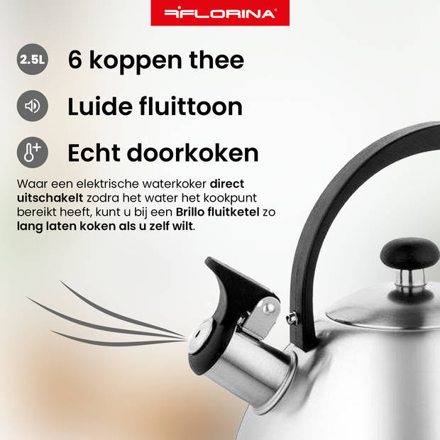 Florina Brillo fluitketel 2,5L voor alle warmtebronnen - Waterketel - Geborsteld RVS zilver