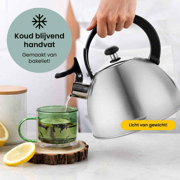 Florina Brillo fluitketel 2,5L voor alle warmtebronnen - Waterketel - Geborsteld RVS zilver