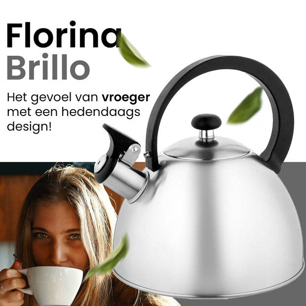 Florina Brillo fluitketel 2,5L voor alle warmtebronnen - Waterketel - Geborsteld RVS zilver