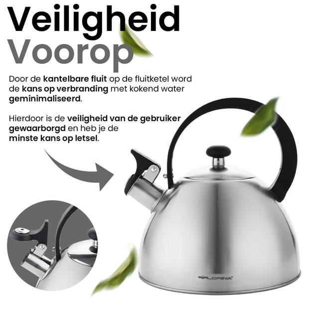 Florina Brillo fluitketel 2,5L voor alle warmtebronnen - Waterketel - Geborsteld RVS zilver