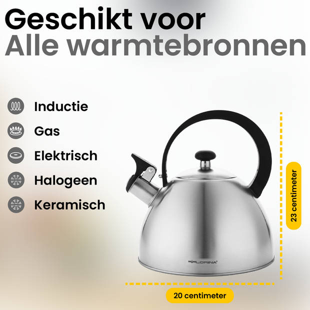 Florina Brillo fluitketel 2,5L voor alle warmtebronnen - Waterketel - Geborsteld RVS zilver