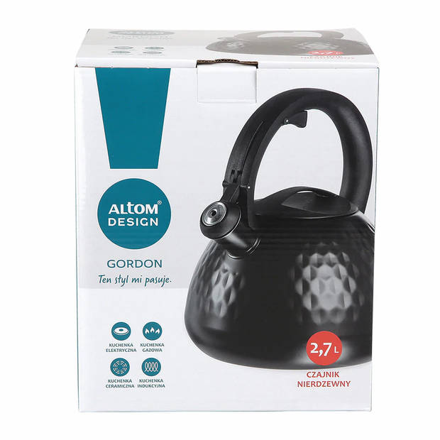 Altom Design Gordon fluitketel RVS mat zwart 2.7 Liter met uniek ruitpatroon