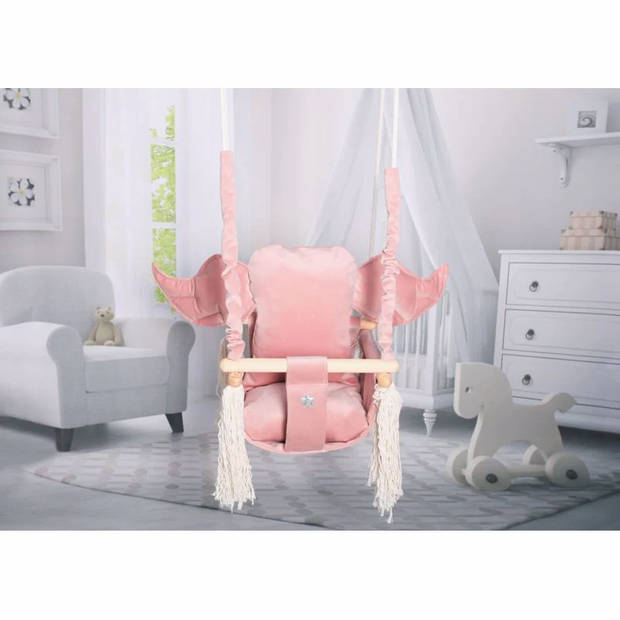 Luxe houten handgemaakte roze baby schommel en kinder schommel met olifant vormig kussen