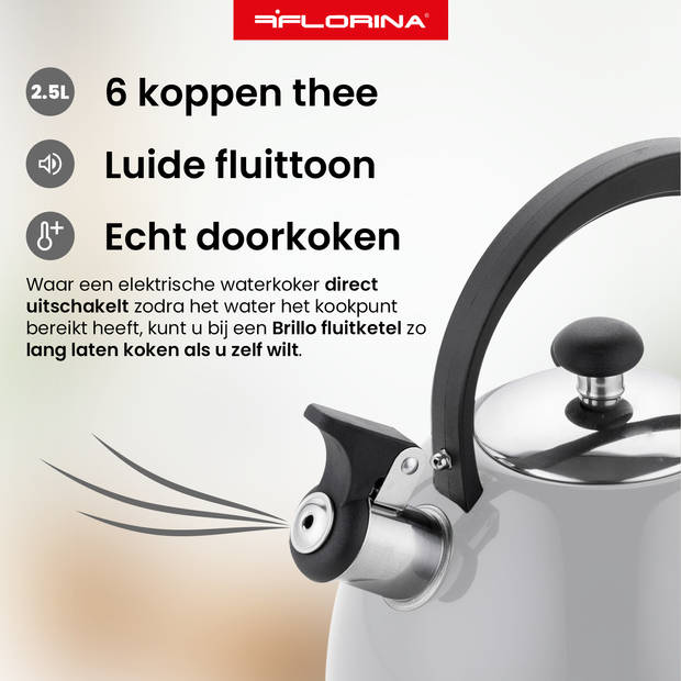 Florina Brillo fluitketel 2,5L voor alle warmtebronnen - Waterketel - Lichtgrijs