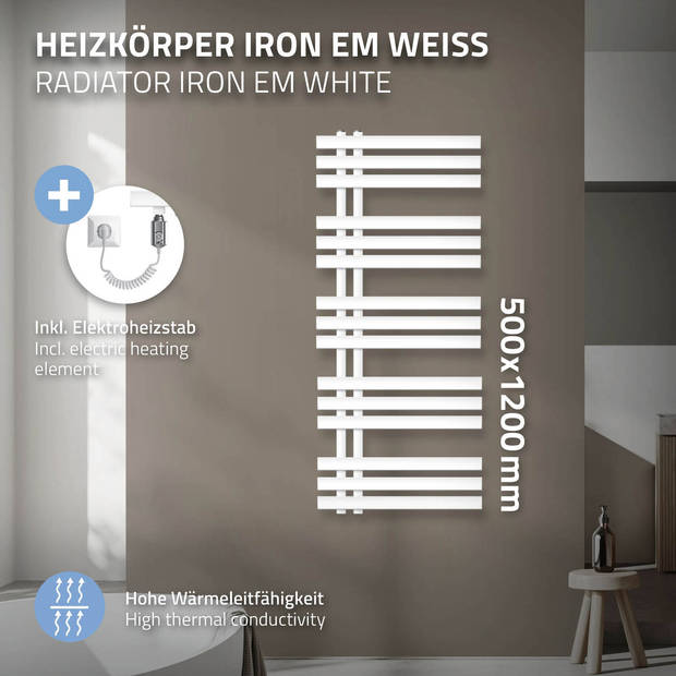 Designradiator "Iron M" met verwarmingselement 1200W Wit 500 x 1200 mm