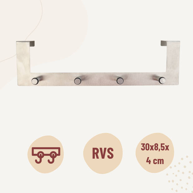 MISOU Deurkapstok - Deurhaak - Kapstok - Hangend - 4 Haken - Deurhanger - RVS