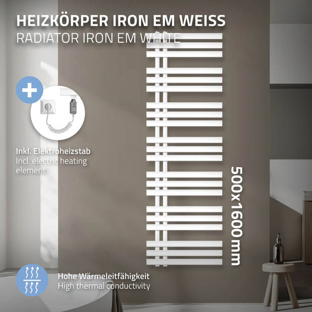 ECD Germany Design badkamer verwarming Iron EM Electric 1200W -500x1600 mm-Wit-Radiator Handdoekverwarmer Handdoekdroger