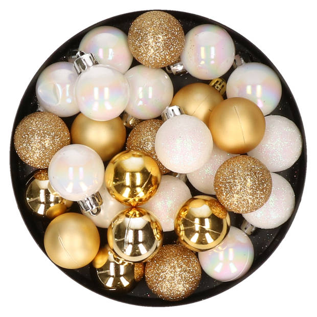 28x stuks kunststof kerstballen parelmoer wit en goud mix 3 cm - Kerstbal