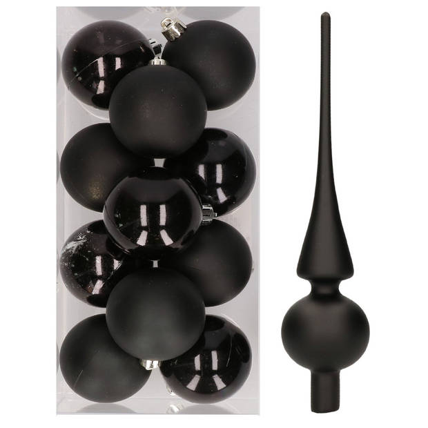 12x Zwarte kunststof kerstballen met glazen piek mat - Kerstbal