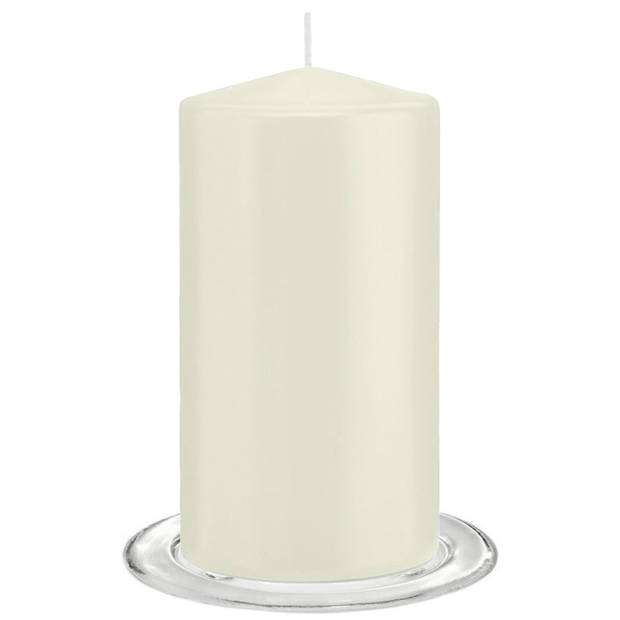 Trend Candles - Stompkaarsen met glazen onderzetters set van 2x stuks - ivoor wit 8 x 15 cm - Stompkaarsen