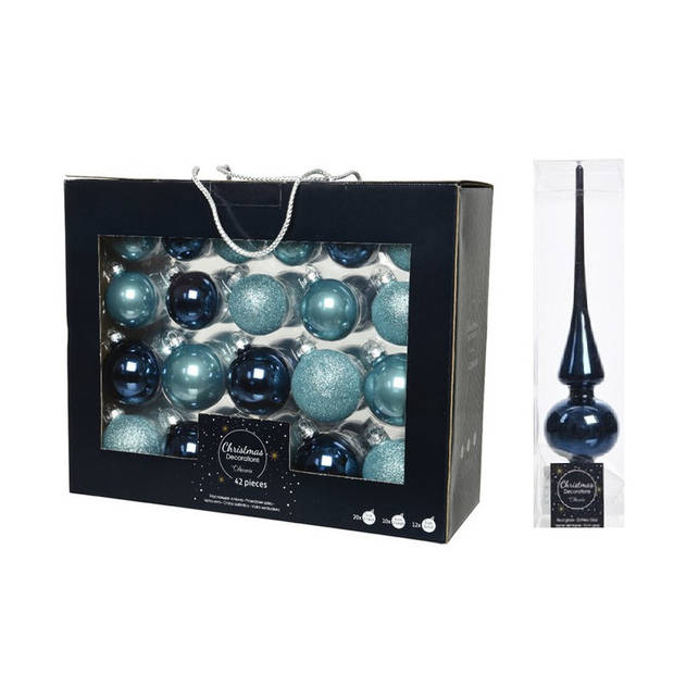 42x stuks glazen kerstballen ijsblauw (blue dawn)/donkerblauw 5-6-7 cm inclusief donkerblauwe piek - Kerstbal