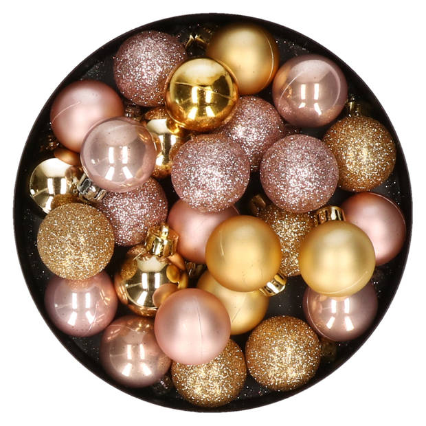 28x stuks kunststof kerstballen goud en lichtroze mix 3 cm - Kerstbal