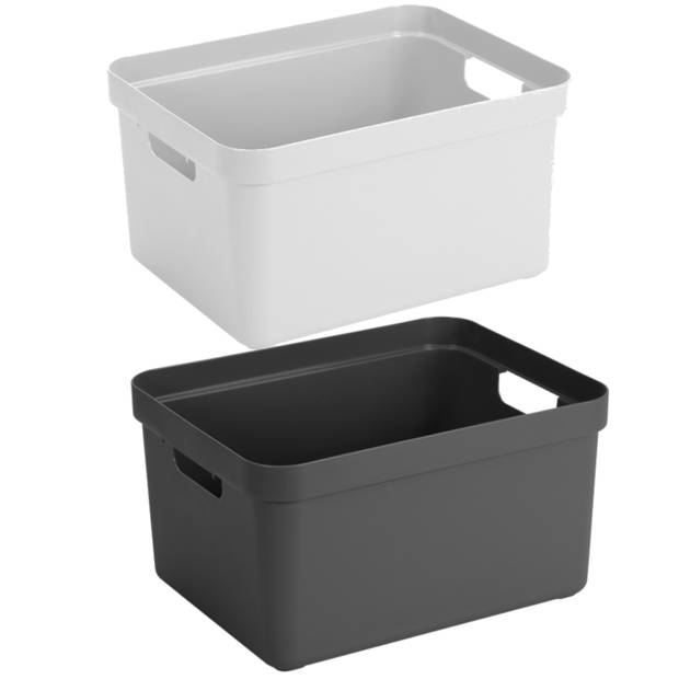 Opbergboxen/opbergmanden - 2x stuks - 32 liter - kunststof - 45 x 35 x 24 cm - zwart/wit - Opbergbox