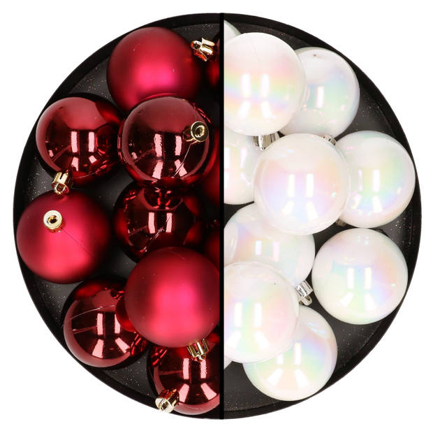 24x stuks kunststof kerstballen mix van donkerrood en parelmoer wit 6 cm - Kerstbal