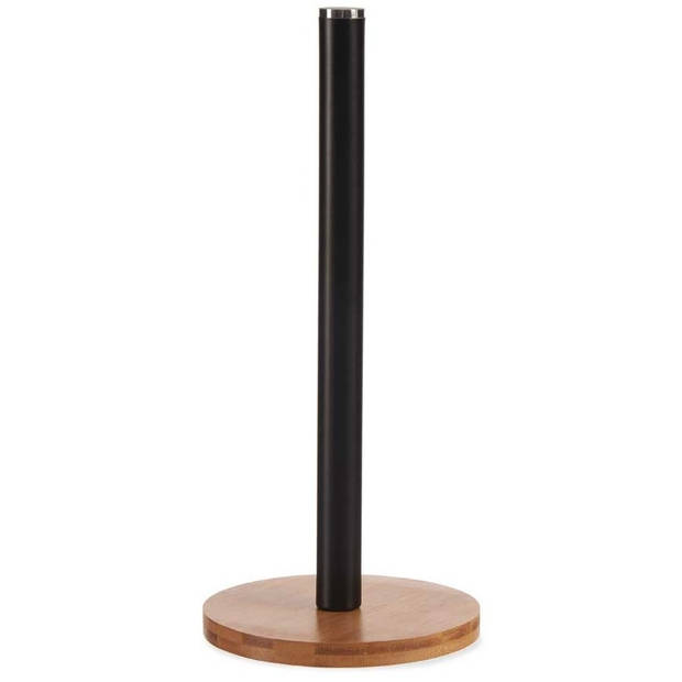 Stijlvolle basic bamboe hout/metalen keukenrolhouder hout/zwart 15 x 34 cm - Keukenrolhouders