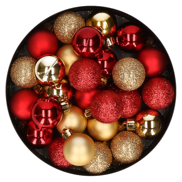 28x stuks kunststof kerstballen rood en goud mix 3 cm - Kerstbal