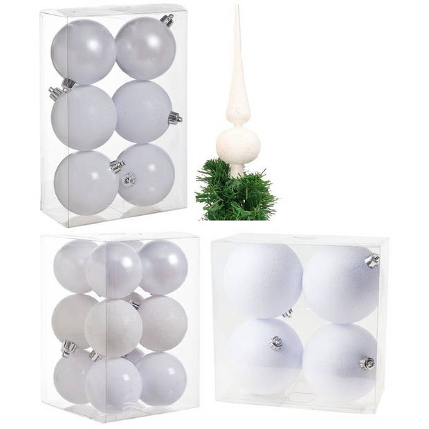Kerstversiering set kerstballen met piek wit 6 - 8 - 10 cm - pakket van 63x stuks - Kerstbal