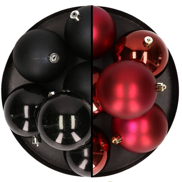 12x stuks kunststof kerstballen 8 cm mix van zwart en donkerrood - Kerstbal