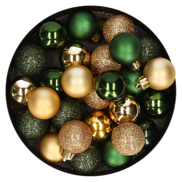 28x stuks kunststof kerstballen donkergroen en goud mix 3 cm - Kerstbal