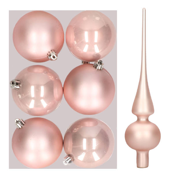 Set van 6x stuks kunststof kerstballen 8 cm inclusief glazen piek lichtroze - Kerstbal