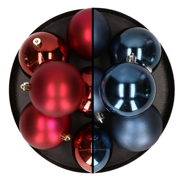 12x stuks kunststof kerstballen 8 cm mix van donkerrood en donkerblauw - Kerstbal