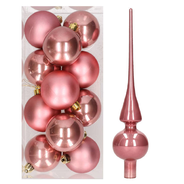 Set van 12x stuks kunststof kerstballen 6 cm inclusief glazen piek lichtroze - Kerstbal