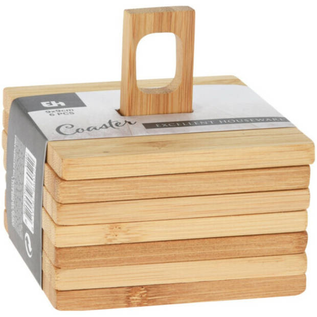 Onderzetters voor glazen - 6x stuks - bruin - bamboo hout - 9 x 9 cm - Glazenonderzetters