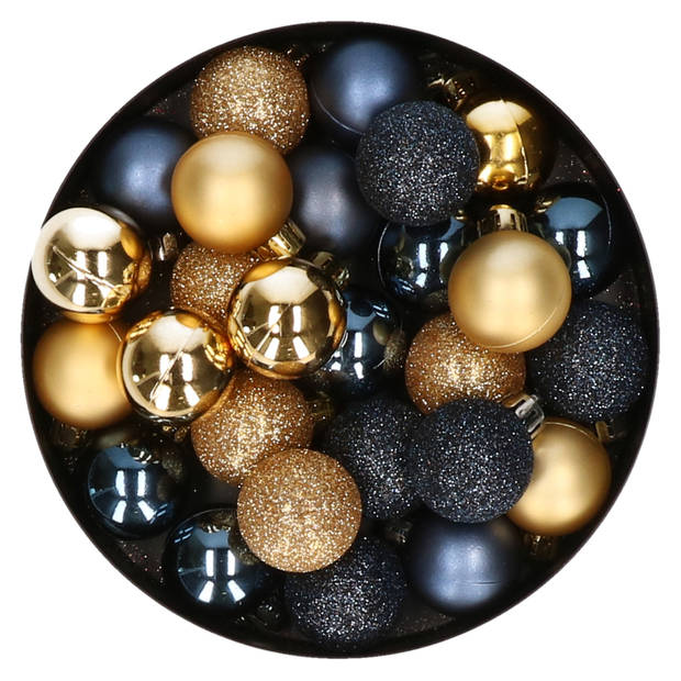28x stuks kunststof kerstballen goud en donkerblauw mix 3 cm - Kerstbal