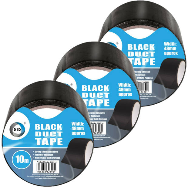 DID duct tape/reparatietape zwart 3 stuks 10 meter x 48 mm - Tape (klussen)