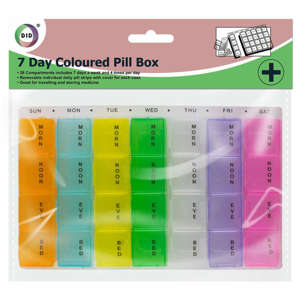 Multipak van 2x stuks gekleurde medicijnen doos/pillendoosjes 28-vaks wit 17 cm - Pillendoosjes