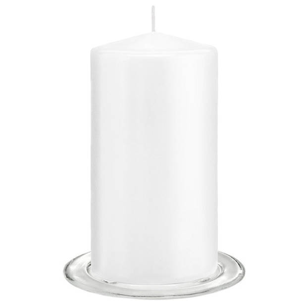 Trend Candles - Stompkaarsen met glazen onderzetters set van 2x stuks - helder wit 8 x 15 cm - Stompkaarsen