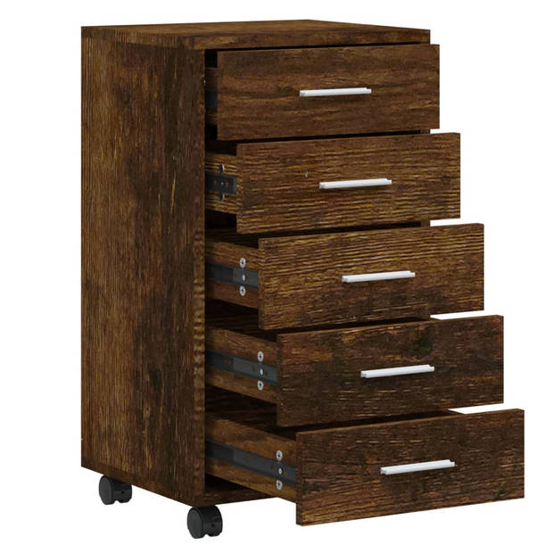 The Living Store Ladeblok Op Wieltjes - Ladekast 5-Lades - 33x38x63cm - Gerookt Eiken