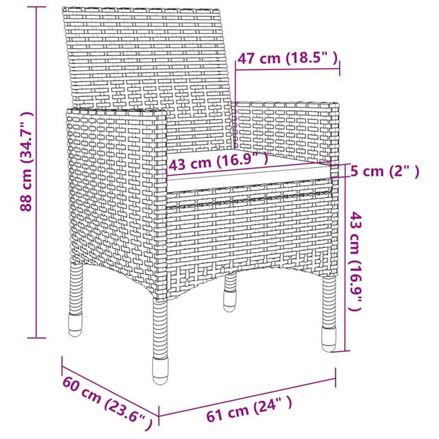 The Living Store Tuinset - PE-rattan - Gepoedercoat staal - Grijs/Zwart - 150 x 90 x 75 cm - Inclusief 1 tafel - 4
