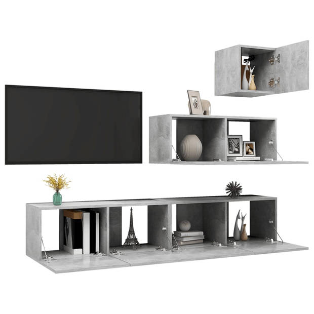 The Living Store Hangende TV-Kasten - Betongrijs - 1x 30.5x30x30 cm - 3x 80x30x30 cm - Spaanplaat