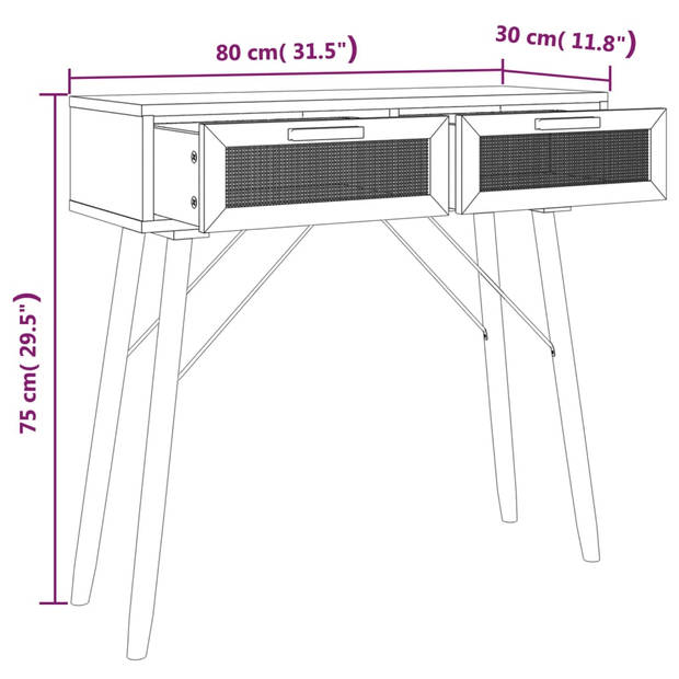 vidaXL Wandtafel 80x30x75 cm massief grenenhout en natuurlijk rattan