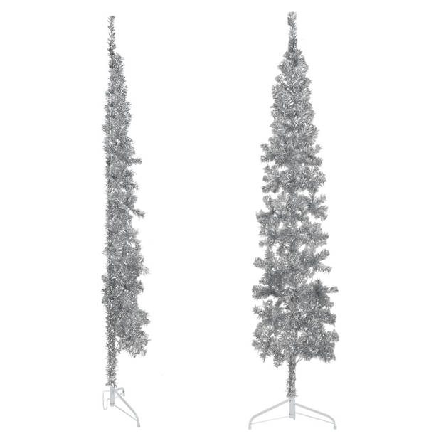 vidaXL Kunstkerstboom half met standaard smal 210 cm zilverkleurig