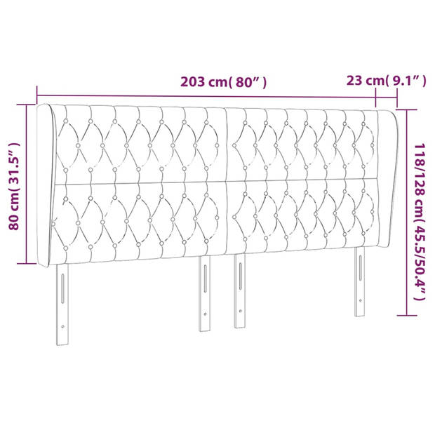 vidaXL Hoofdbord met randen 203x23x118/128 cm stof lichtgrijs