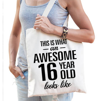 Awesome 16 year / geweldig 16 jaar cadeau tas wit voor dames en heren - Feest Boodschappentassen