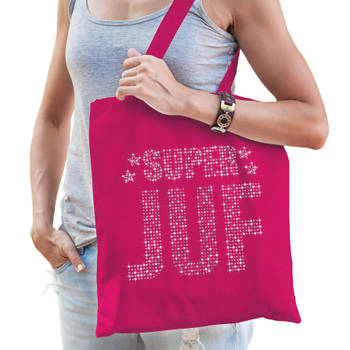 Glitter Super Juf katoenen tas roze rhinestones steentjes voor dames - Feest Boodschappentassen