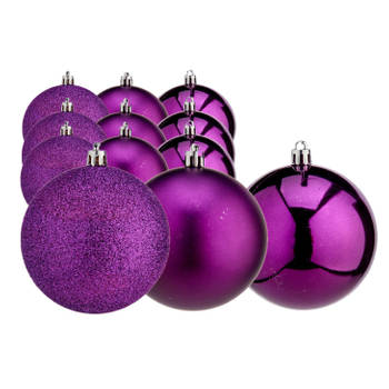 Krist+ kerstballen - 12x st - paars - kunststof - 7 cm - glitter-mat-glans - Kerstbal