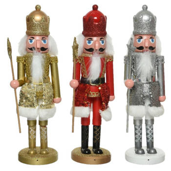 3x stuks kerstbeeldje kunststof notenkraker poppetje/soldaat rood/zilver/goud 28 cm kerstbeeldjes - Kerstbeeldjes