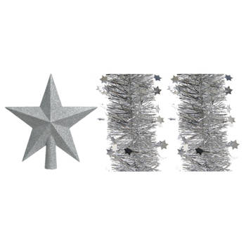 Set van een kerst ster piek en 2x stuks kerstslingers zilver 270 x 10 cm - kerstboompieken