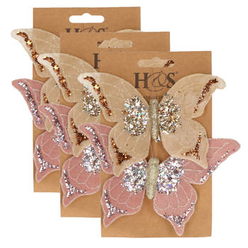 6x stuks kunststof decoratie vlinders op clip roze en beige 10 x 15 cm - Kunstbloemen