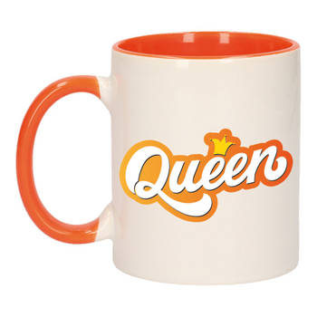 Mok/ beker wit en oranje Koningsdag Queen met kroontje 300 ml - feest mokken