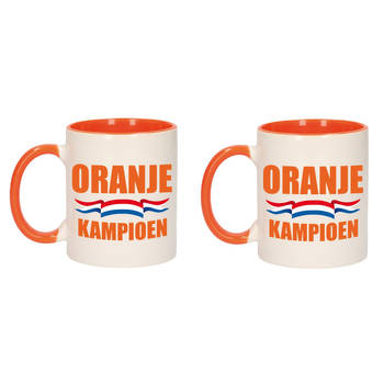 2x stuks mok/ beker wit en oranje met Nederlandse vlag - Oranje kampioen 300 ml - feest mokken