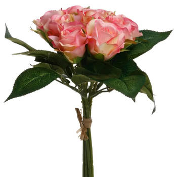 Atmosphera kunstbloemen boeket 9 roze rozen 24 cm - Kunstbloemen