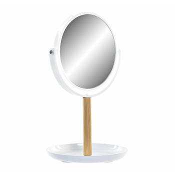 Items Make-up spiegel op standaard - rond - bamboe - wit - 34 cm - Make-up spiegeltjes
