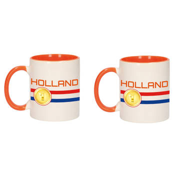2x stuks mok/ beker wit en oranje Holland vlag met medaille 300 ml - feest mokken