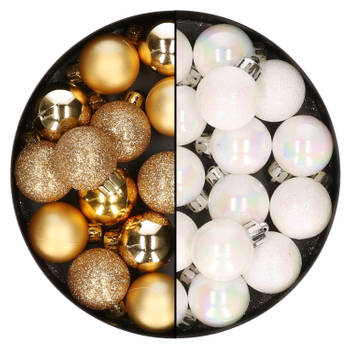 28x stuks kleine kunststof kerstballen goud en parelmoer wit 3 cm - Kerstbal