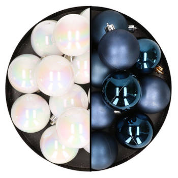 24x stuks kunststof kerstballen mix van parelmoer wit en donkerblauw 6 cm - Kerstbal